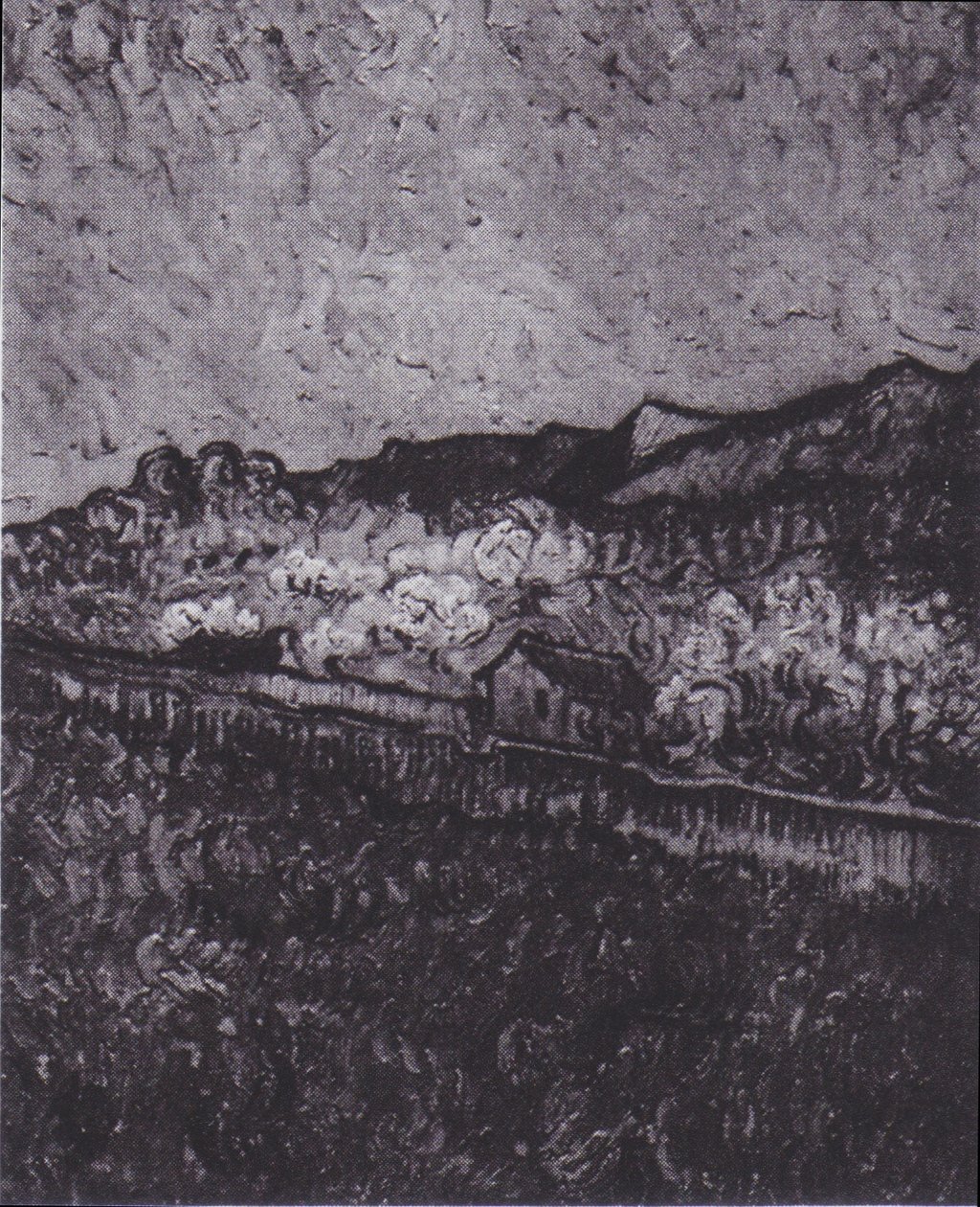 Campo recintato con vista su un paesaggio montano da Vincent van Gogh