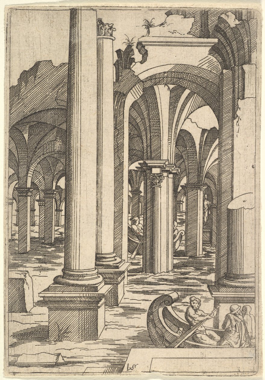 Barche remate attraverso rovine inondate, ca. 1550-62 da Virgil Solis