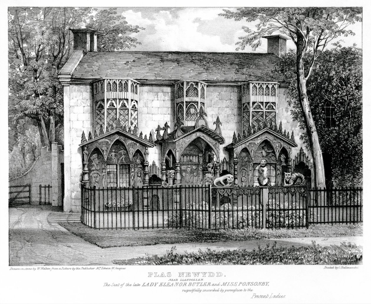 Plas Newydd, vicino a Llangollen, Residenza della Defunta Lady Eleanor Butler e Miss Sarah Ponsonby, stampato da Charles Joseph Hullmandel da W. after Walton