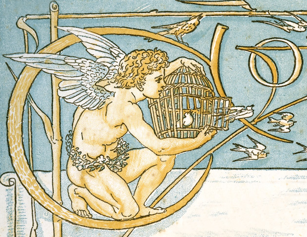 Angelo che offre una gabbia di vimini con una porta aperta che permette agli uccelli canori di scappare, design della pagina dei contenuti di 