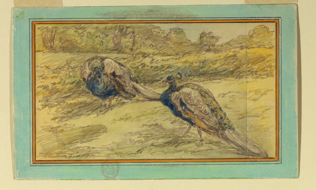Due pavoni in un paesaggio da Walter Shirlaw