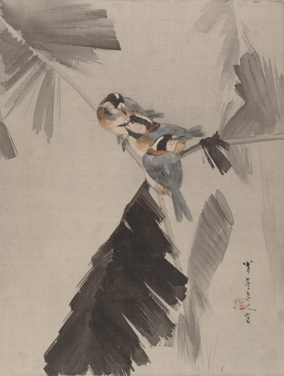 Tre uccelli su un ramo, ca. 1887 da Watanabe Seitei