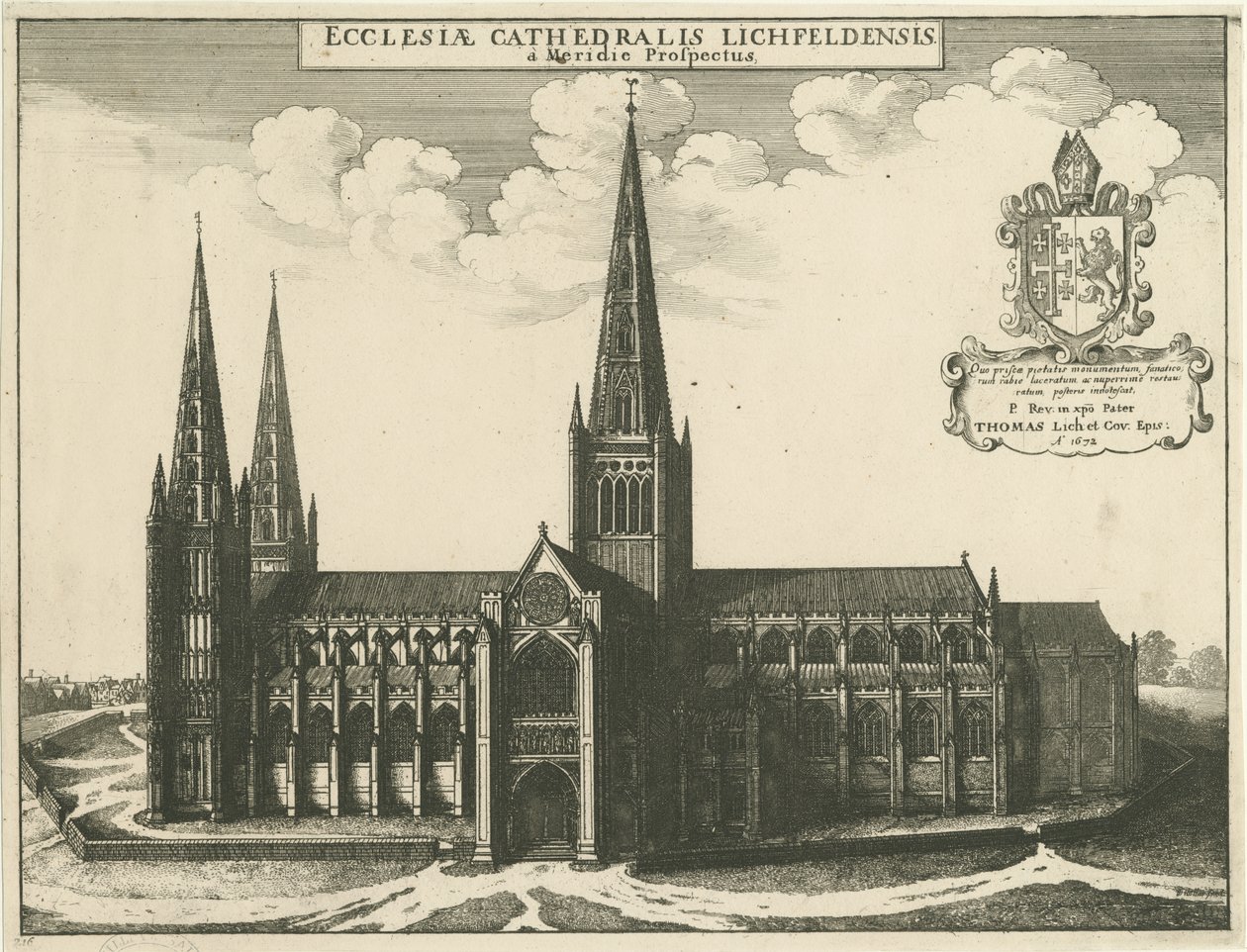 Cattedrale di Lichfield - Vista sud (incisione, 1672) da Wenceslaus Hollar