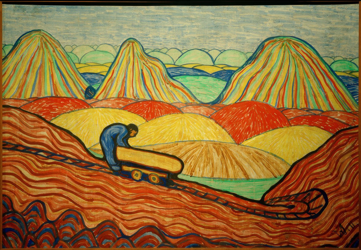 Lavoratore di argilla con carriola gialla da Wilhelm Morgner