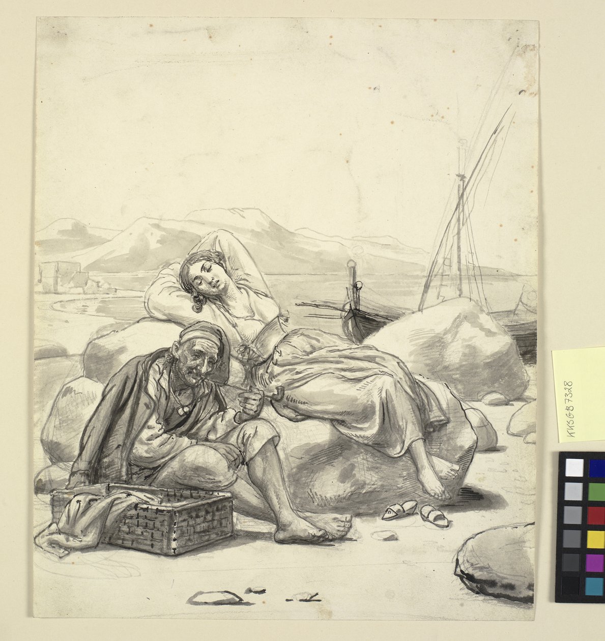 Ragazza dormiente e vecchio pescatore sulla spiaggia da Wilhelm Marstrand