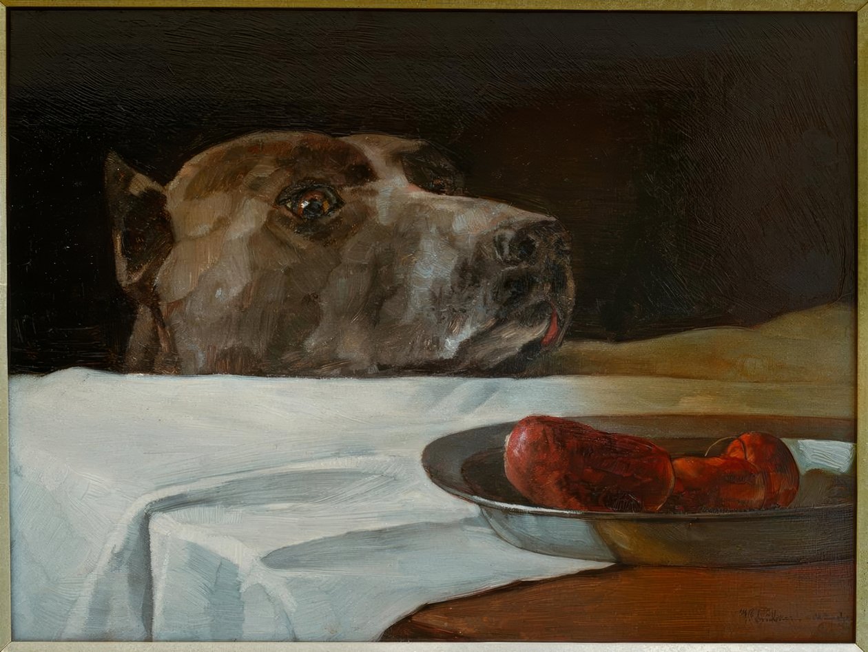 Mastino con ciotola di salsicce da Wilhelm Trübner