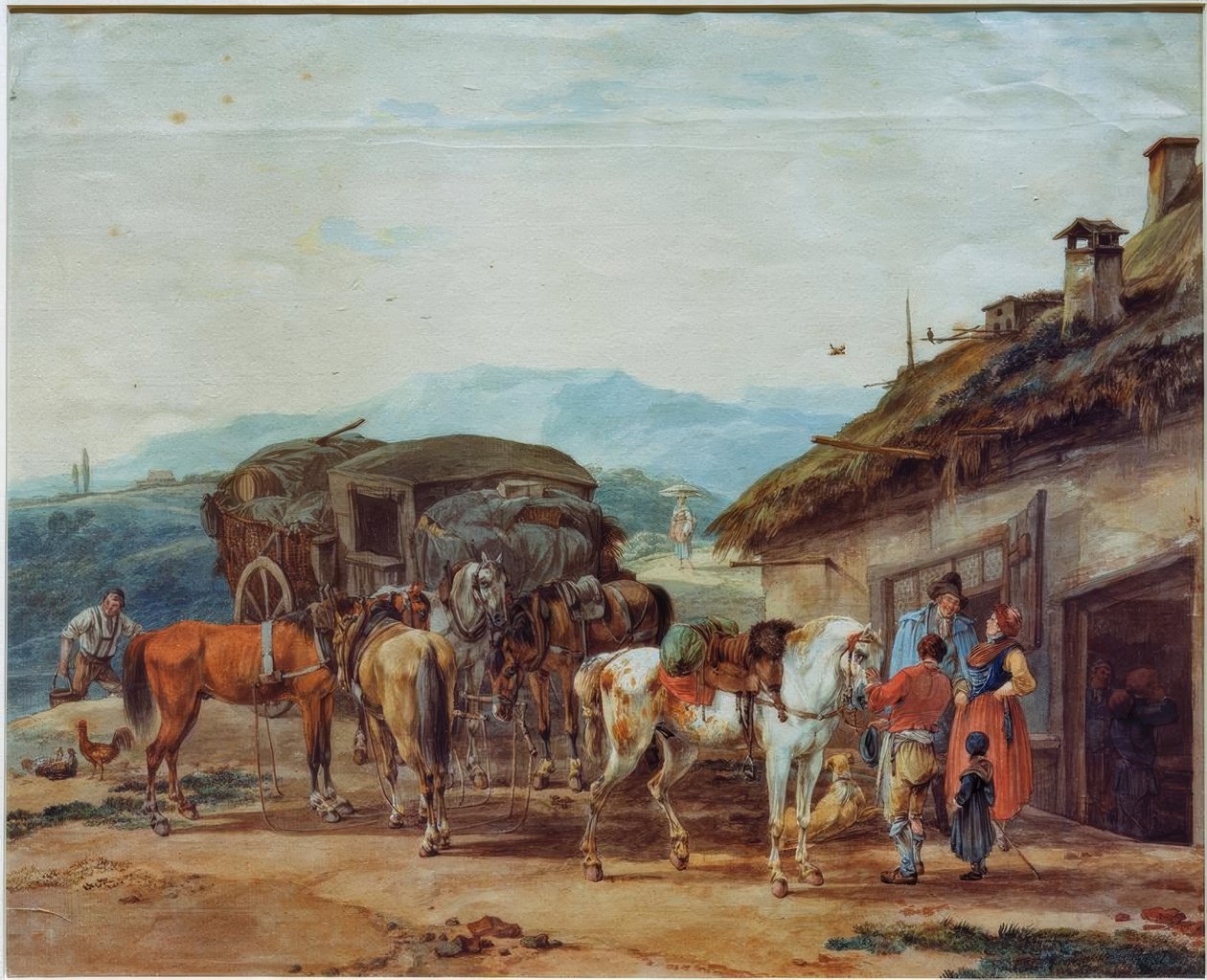 Cambio di cavalli di una carrozza da viaggio da Wilhelm von Kobell
