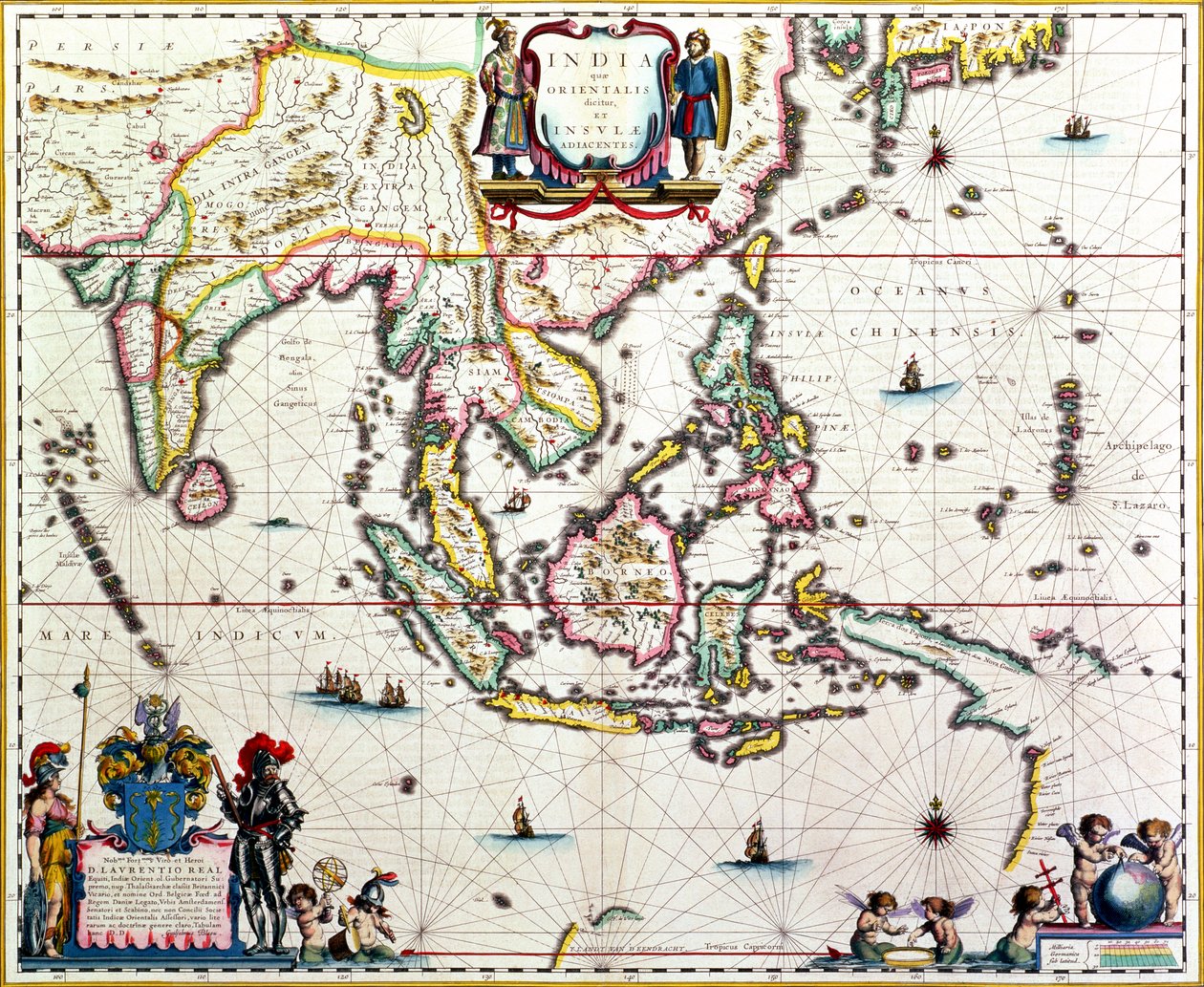 India Quae Orientalis Dicitur, Et Insulae Adiacentes, mappa che mostra il Sud-Est asiatico e le Indie orientali, pubblicata ad Amsterdam, c.1635 da Willem Janszoon Blaeu