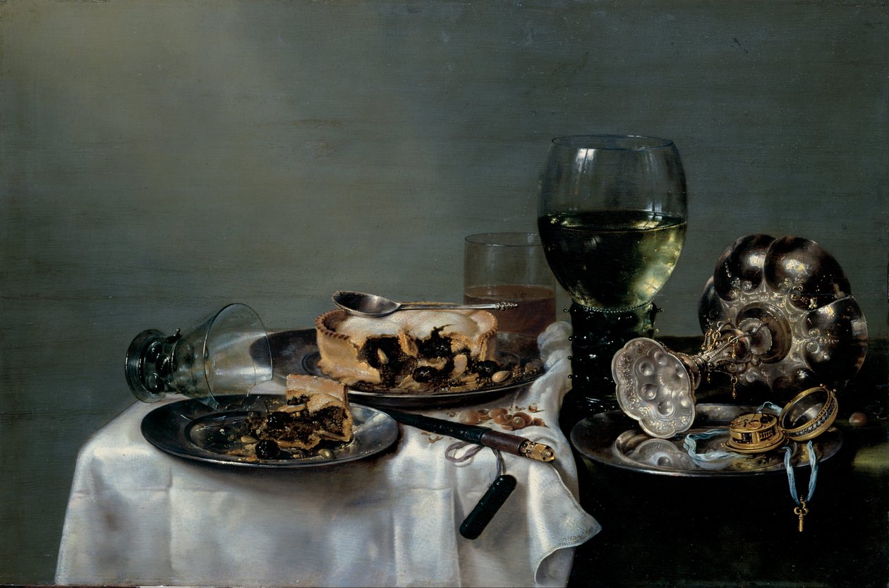 Tavolo per la colazione con torta di more da Willem Claesz. Heda