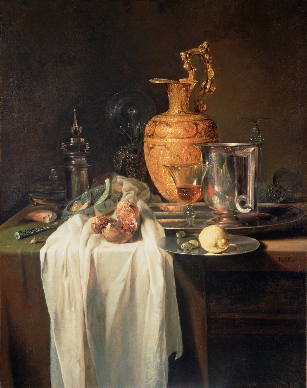 Natura morta con brocca, vasi e melograno da Willem Kalf