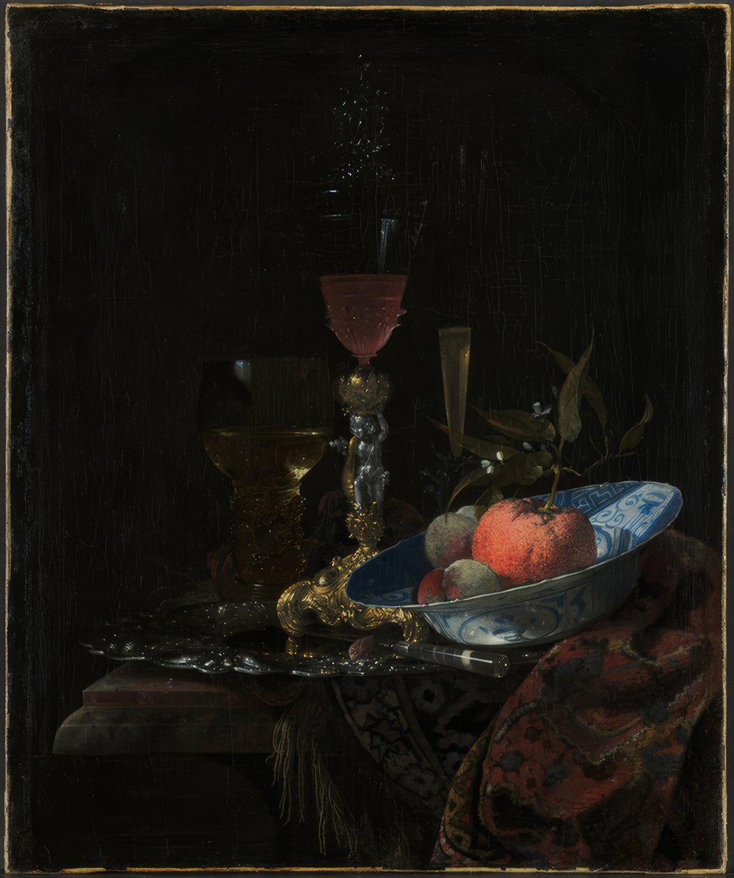 Bicchiere da vino e ciotola di frutta da Willem Kalf