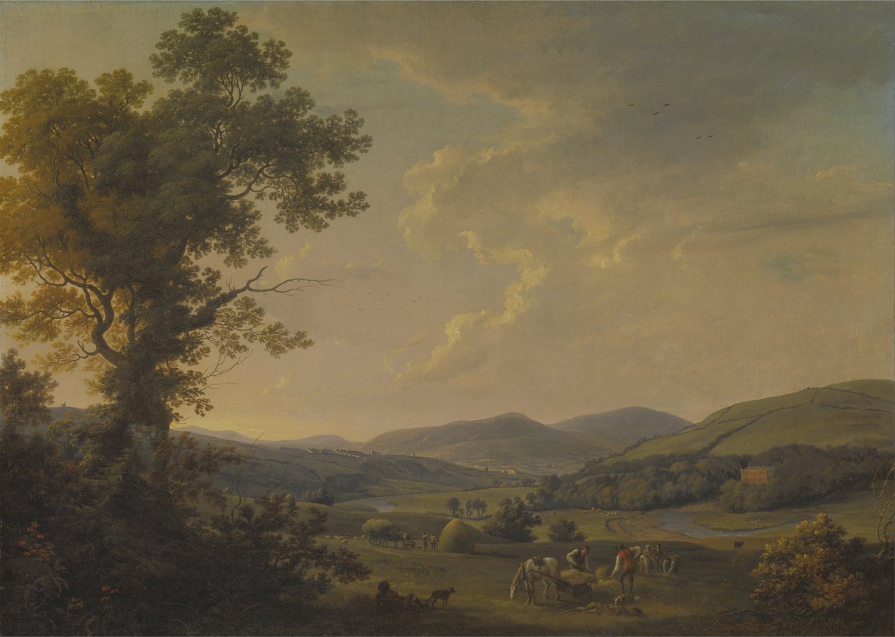 Paesaggio con mietitori e una vista lontana di una casa georgiana da William Ashford