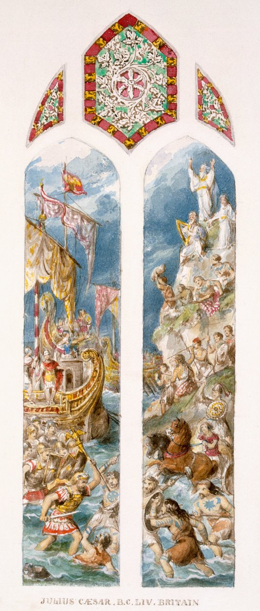 Giulio Cesare arriva sulle coste della Britannia, 54 a.C., in trimareni, attaccato dai Britanni dipinti con guado da William Bell and Boyd, Alice Scott