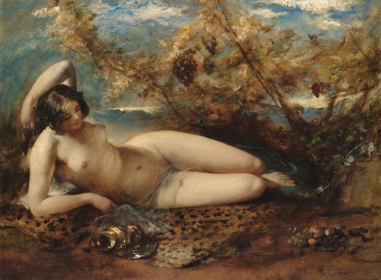 Giovane donna sdraiata su un tappeto di pelliccia da William Etty