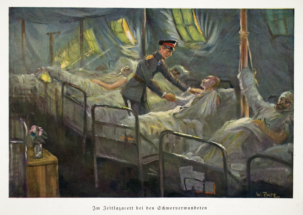 Guglielmo, principe ereditario di Germania che visita le truppe ferite in un ospedale da campo, pub. c1917 da William Friedrich Georg Pape