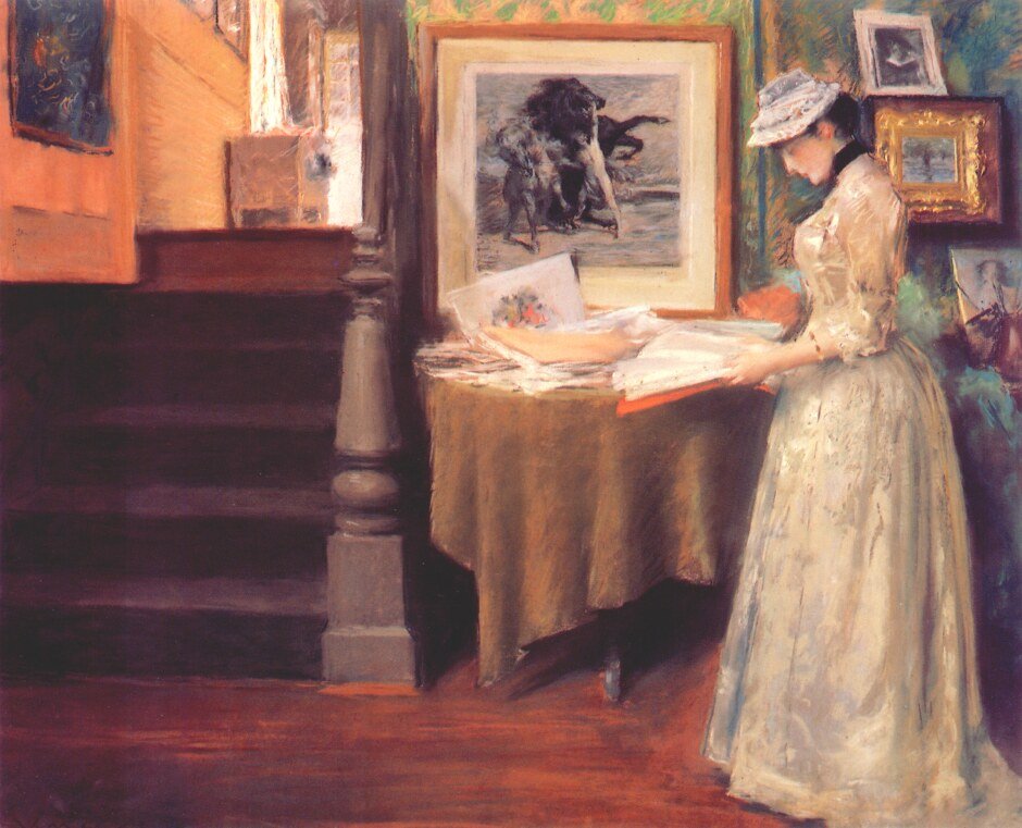 Interno, giovane donna a un tavolo da William Merritt Chase