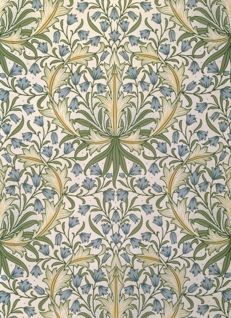 Carta da parati con piccoli fiori blu tra grandi foglie verdi disegnata da William Morris (1834-96) da William Morris