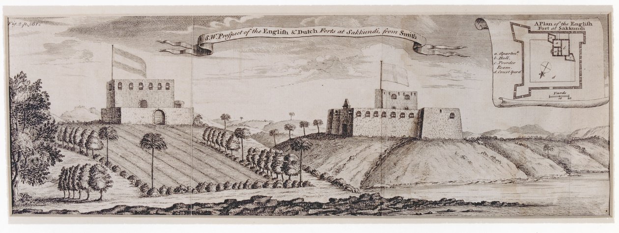Prospetto sud-ovest dei forti inglesi e olandesi a Sakkundi, c.1744 da William Smith