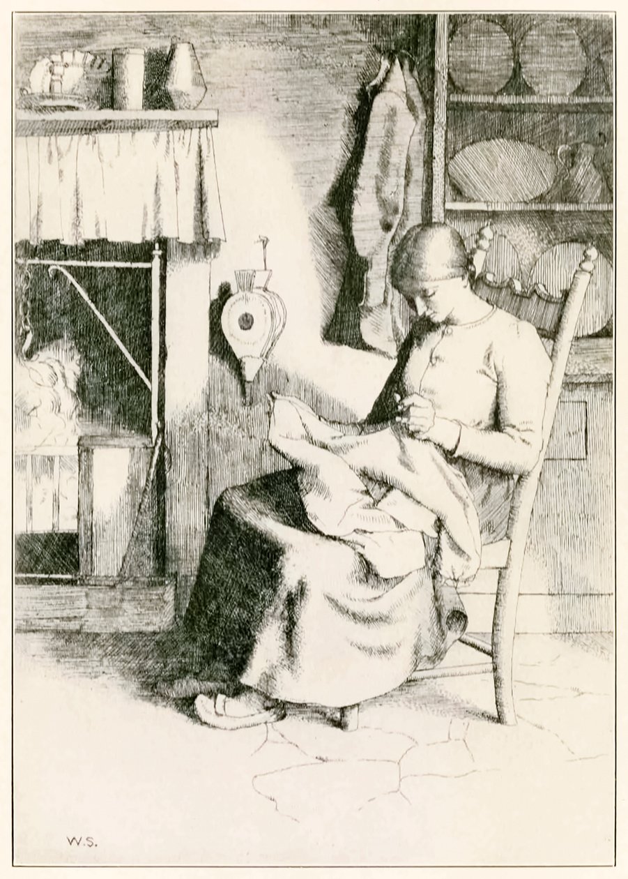 Mercy al lavoro da Il progresso del pellegrino da questo mondo a quello che verrà di John Bunyan (1628-1688) illustrazione di William Strang (1859-1921) da William Strang