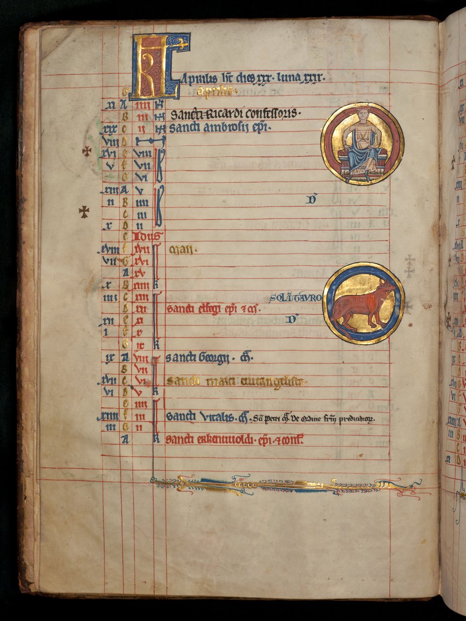 Ms 322 f.2v, aprile, un uomo seduto che tiene due fiori, illustrazione dal 