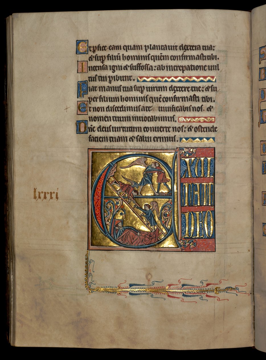 Ms 322 f.82v, Salmo 80, iniziale E, Giacobbe che lotta con l