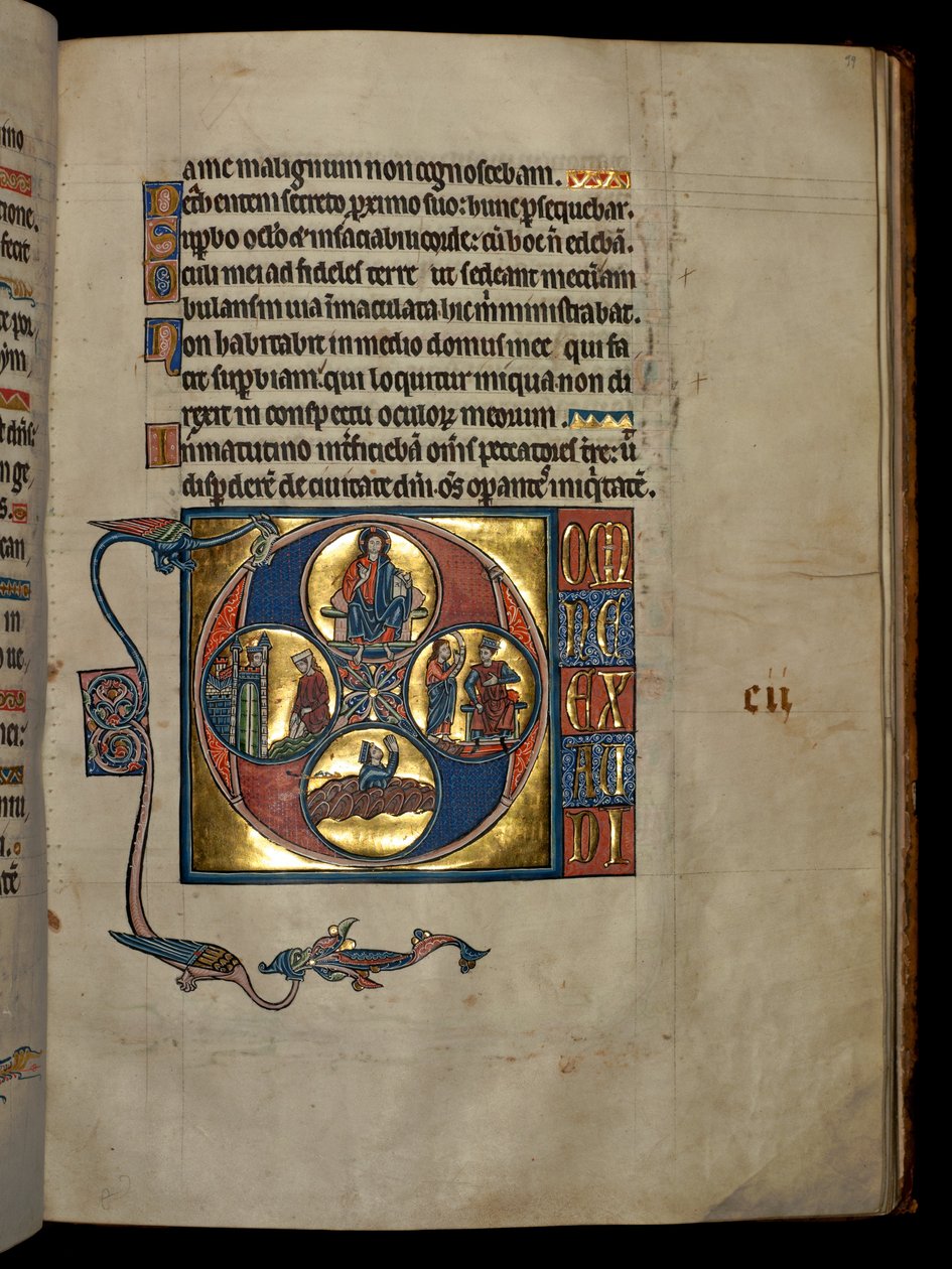 Ms 322 f.99r, Salmo 101, iniziale D, Cristo benedicente, Davide che guarda Betsabea, Natan rimprovera Davide e il penitente Davide che prega, illustrazione dal 