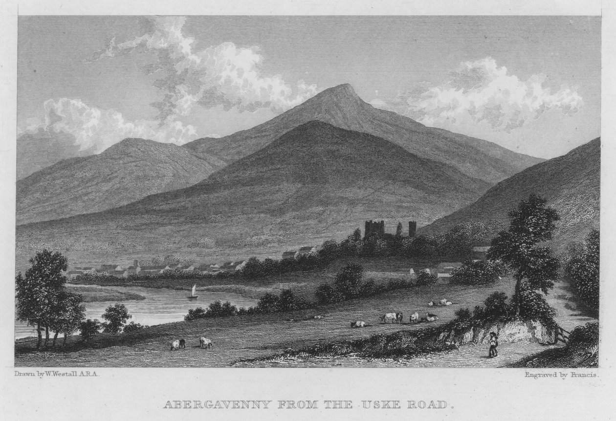 Abergavenny dalla Strada Uske da William (after) Westall