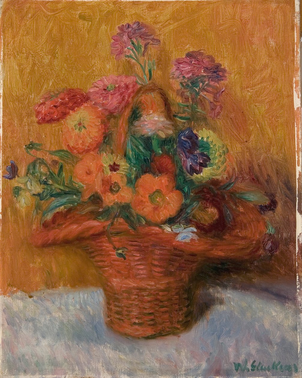 Cesto rosso di zinnie da William James Glackens