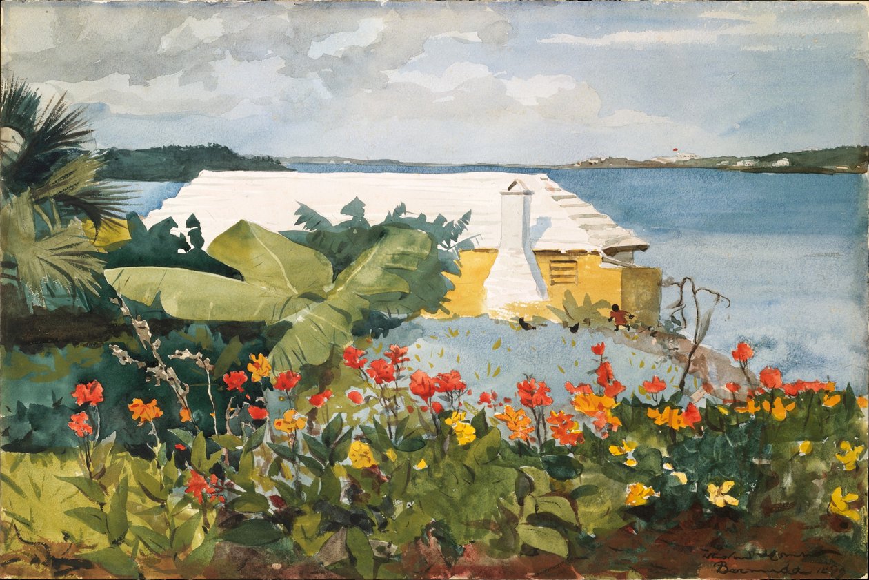 Giardino fiorito e bungalow, Bermuda da Winslow Homer