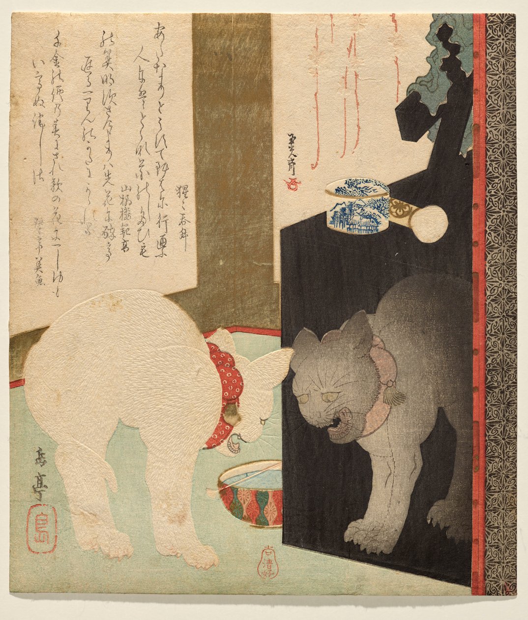 Gatto bianco riflesso in un comò laccato da Yashima Gakutei