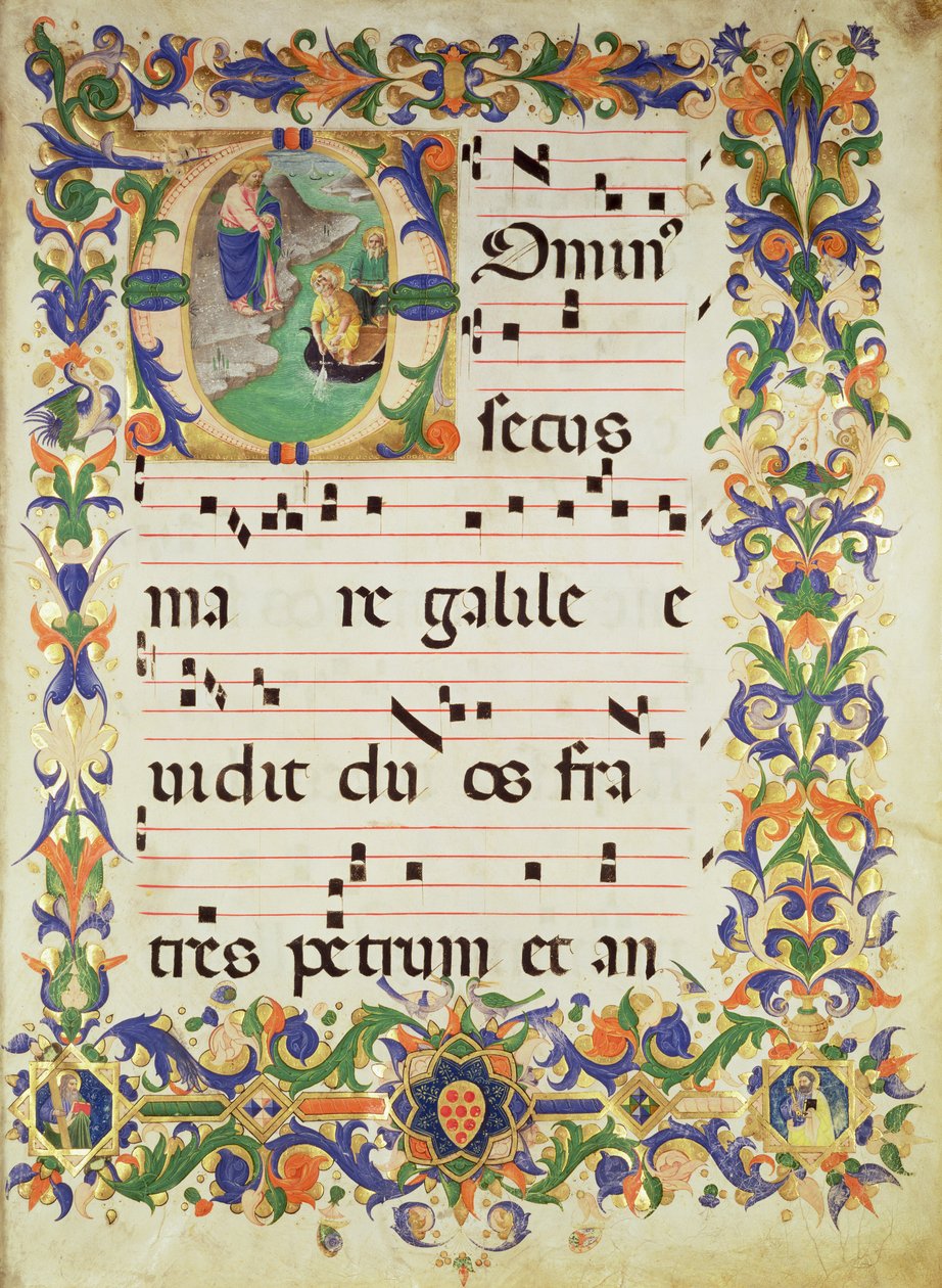 Messale 515 f.1r Pagina di musica corale con una lettera istoriata 