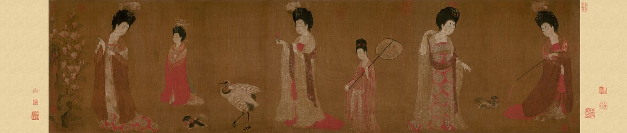 Dame di corte con copricapi fioriti da Zhou Fang