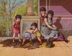 Signora romana con bambini che giocano