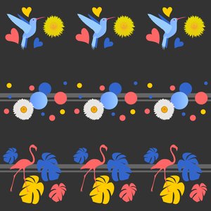 Uccelli, fiori, macchie e strisce