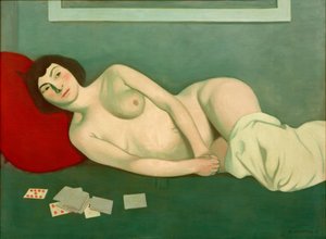 Donna nuda sdraiata con carte blu