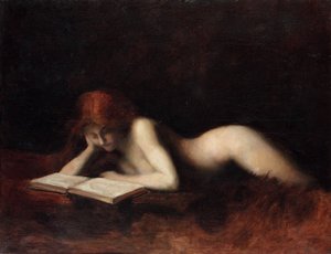 Donna nuda reclinata che legge un libro