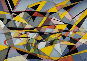 astratto: curve argento-giallo+triangoli 2