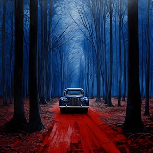 Auto blu in una foresta rossa 1