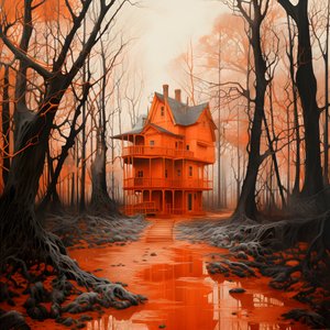 Grande casa rossa su sfondo blu 1