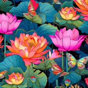 Motivo senza soluzione di continuità di fiori di loto e farfalle 3