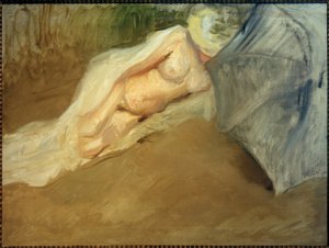 Nudo sdraiato con ombrellone