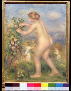 Nudo femminile che raccoglie fiori