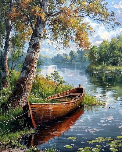 Una feluca in un tranquillo lago alberato, decorazione murale per camera da letto da F. Abderrahim