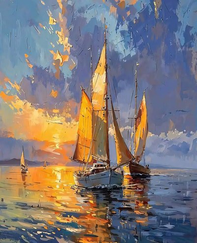 Yacht in acque tranquille al tramonto, decorazione murale barche a vela da F. Abderrahim