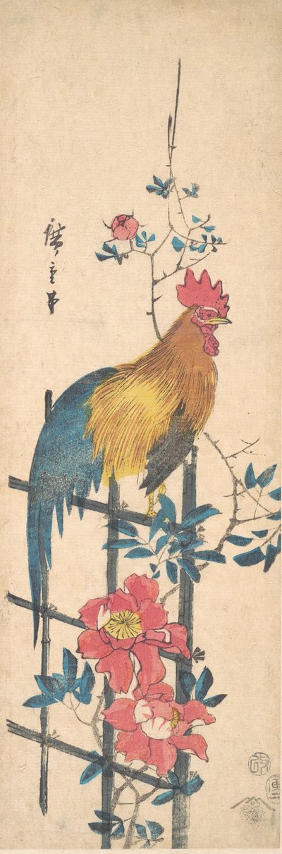 Peonia e gallo, 1854 da Ando Hiroshige