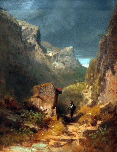 Paesaggio montano con croce su una roccia da Carl Spitzweg