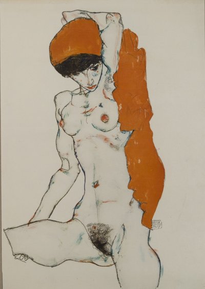 Nudo femminile con stoffa rosso-arancio, 1914 da Egon Schiele