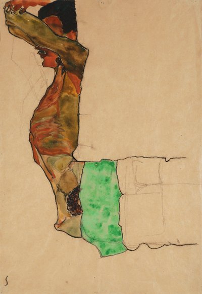 Nudo maschile reclinato con panno verde da Egon Schiele