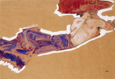 Semi-nudo reclinato con cappello rosso, 1910 da Egon Schiele