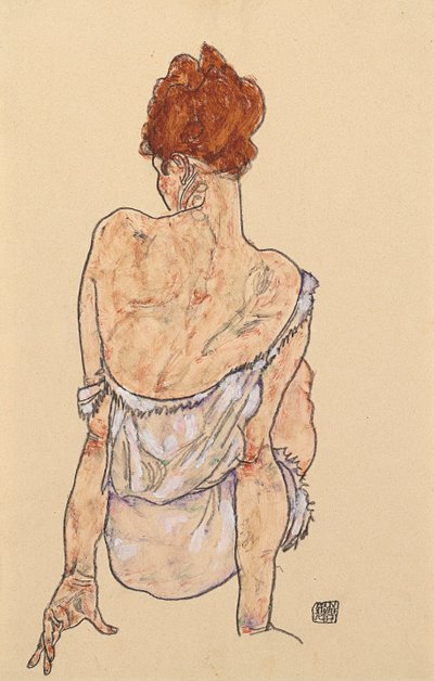 Donna seduta in biancheria intima, vista posteriore, 1917 da Egon Schiele